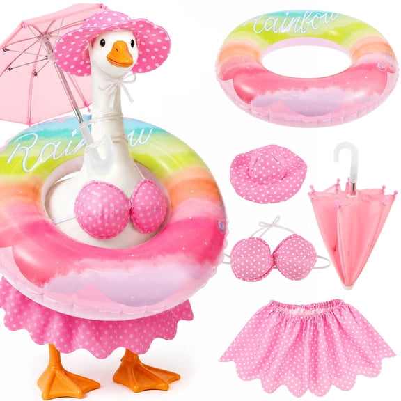 Hawaiian Porch Goose Outfit with Hat Swim Ring Goose Summer Outfit Porch Goose Bikini Clothes Costume Fits 23" Geese Statue, Summer Garden Lawn Patio Yard Outdoor Decor (Summer style-Pink)
