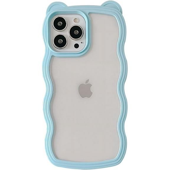 Compatible with iPhone 13 Pro Max Case,Cute Clear Bear Camera Lens Case with Curly Wave Frame, Kawaii Soft TPU Shockproof Protective Cover for Women Girls-Blue