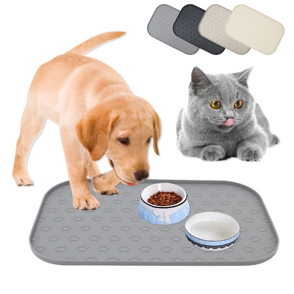 AYktou Rectangular Silicone Cat & Dog Food Mat for Floors Waterproof, 17×11 Inch Defend Spill Feeding Pet Mat Cute Claw Print Defend Slide Dog Bowl Mats Pet Feeding Placemat Messyproof, Gray