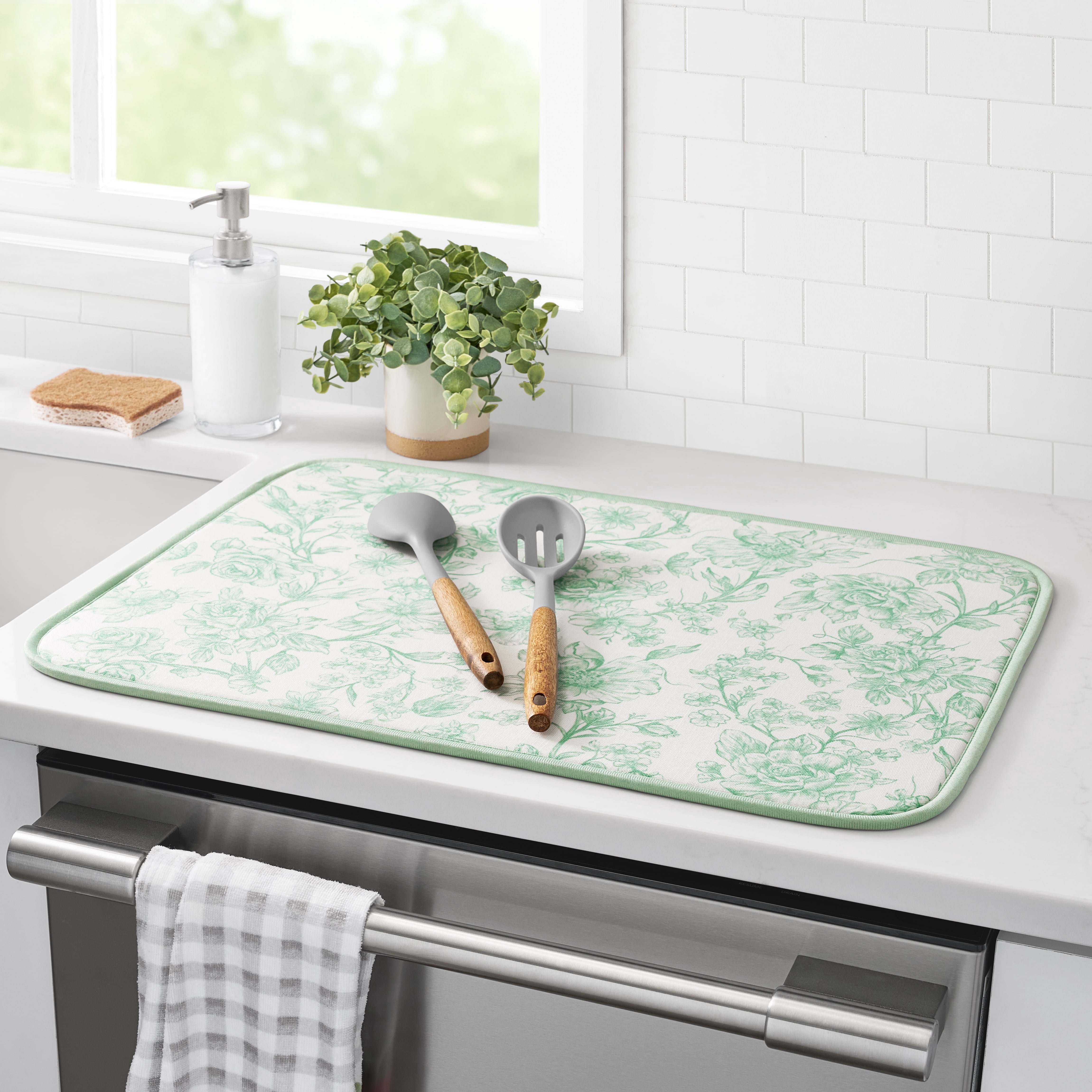 The Pioneer Woman Agatha 100% Polyester Dish Drying Mat, Green, 18" x 24"