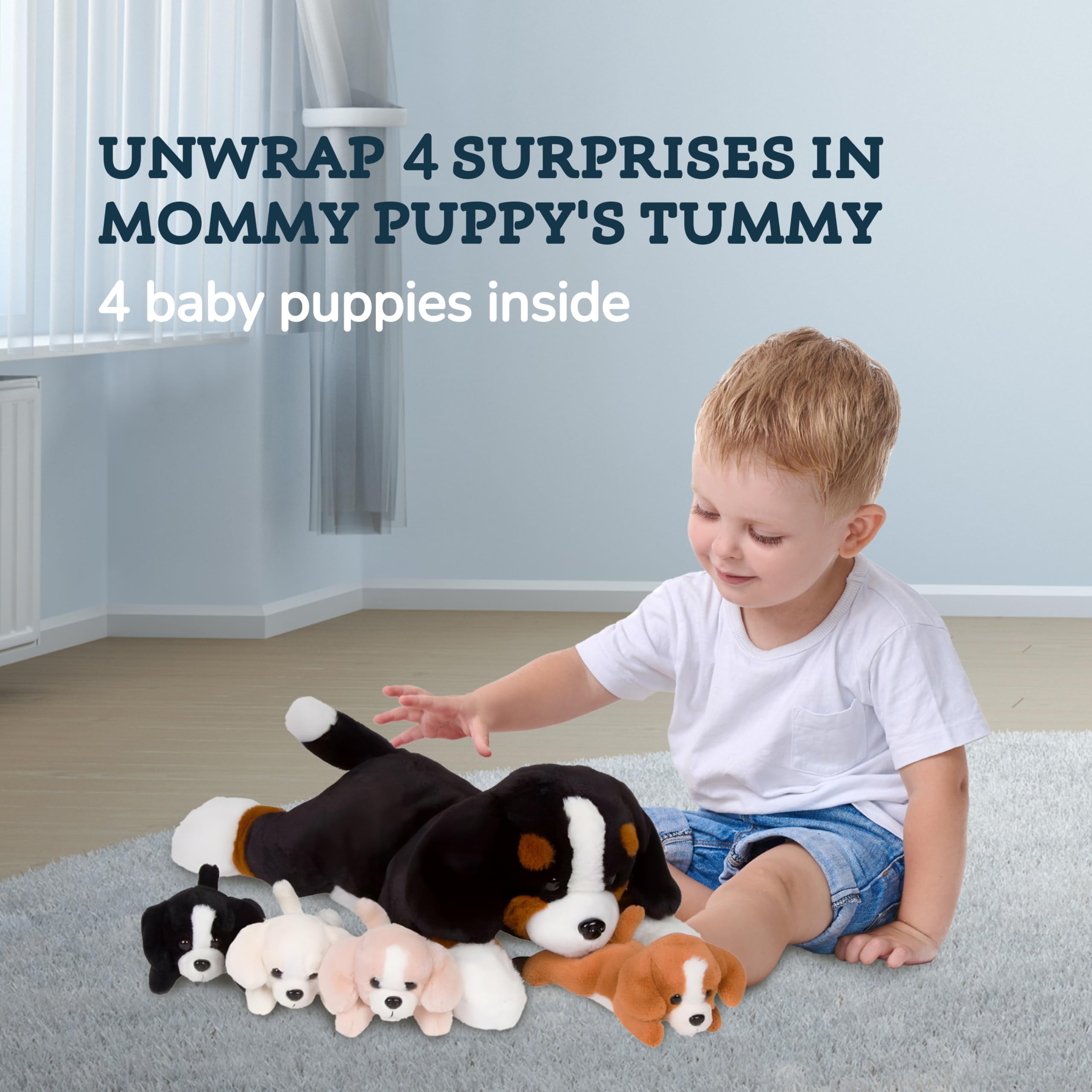 PixieCrush Dog Stuffed Animals - Bernese Mommy with 4 Puppies in Her Tummy - Huggable and Fluffy Dog Plushies for Imaginative Play - Plush Toys Suitable for Kids 3 Years Old and Above - 5" x 10" x 8"