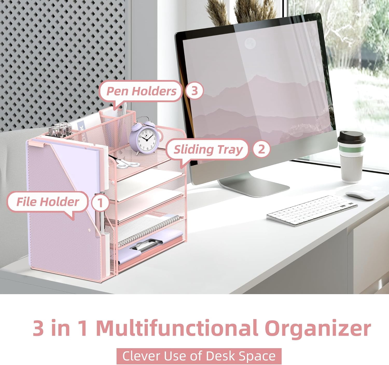 INTIGE 5 Tier Metal Desk File Organizer with File Rack and Pen Holders, Pink, 1 Pcs