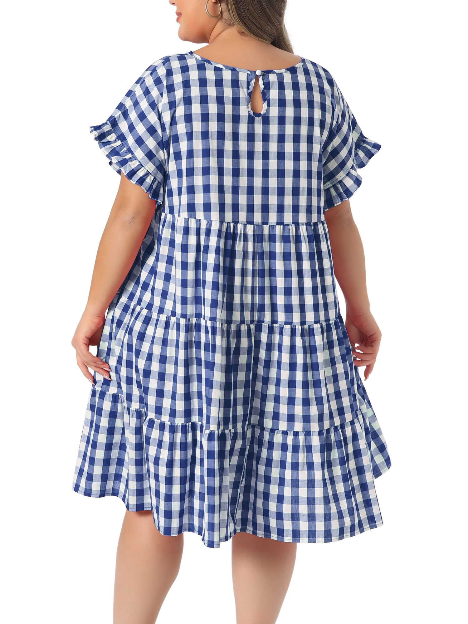 DARING DIVA Women's Plus Gingham 1950s Plaid Round Neck Dress 3X Royal Blue