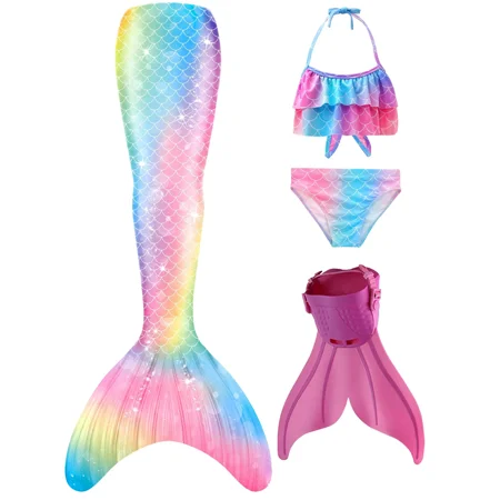 Mermaid Tails for Swimming with Monofin Girls Mermaid Tail Costume Swimsuit Bathing Suit for Kids 4PC