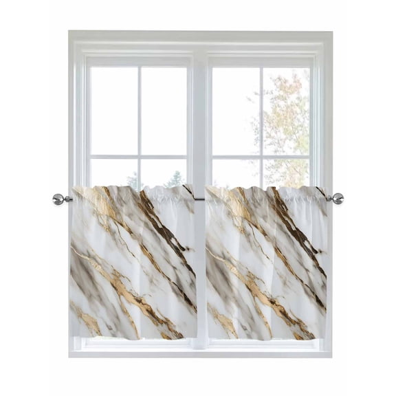 Half Window Curtain 36 Inches Long, Marble Grey White Window Treatment Curtain Drapes, Abstract Cracked Crystal Gold Lines Small Tier Curtains for Bathroom Over Sink, 27.5"x36", 2 Panels