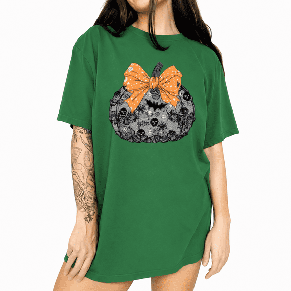 UNISHE Bow Pumpkin Halloween Graphic Tee Short Sleeve Crewneck Casual T-Shirt