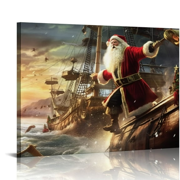 Nawypu Christmas Canvas Wall Art, Santa Claus on a Pirate Ship Decorations Artwork Print on Canvas, Christmas Theme Wall Art Decorations for Home Living Room Decor 32x16 Inches