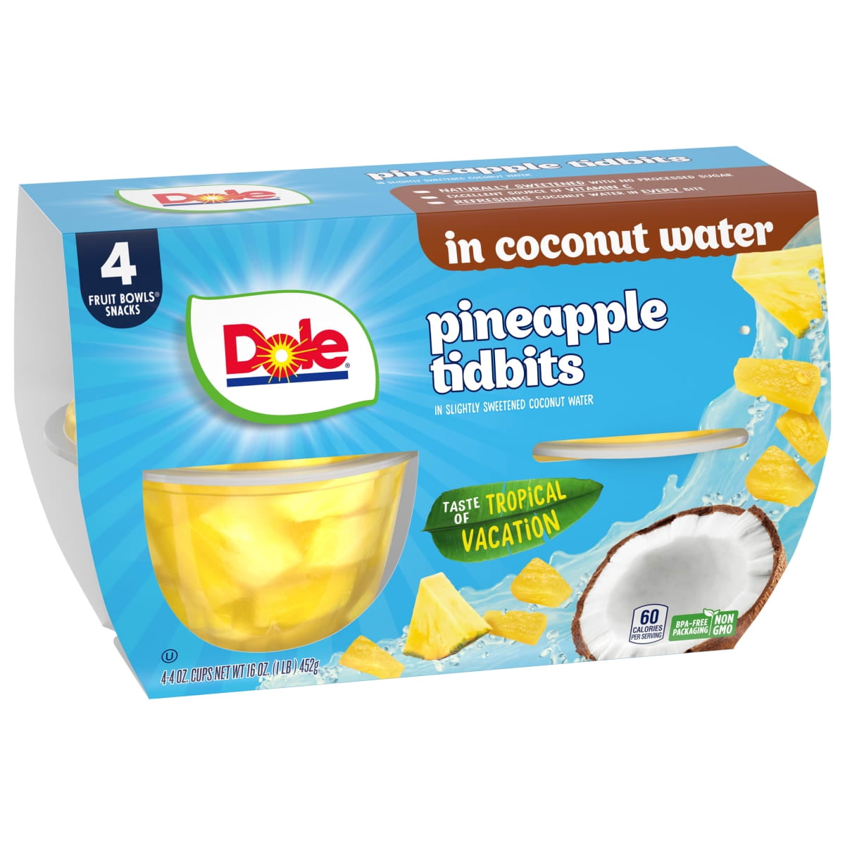 (6 pack) Dole Fruit Bowls Pineapple Tidbits in Coconut Water*, 4 oz Cups (4 Pack)