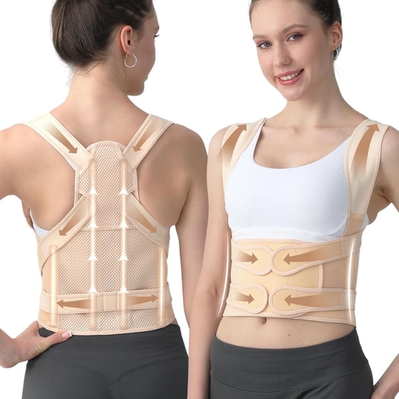 Back Brace Posture Corrector, Shoulder Straightener, Adjustable Full Back Support for Women and Men, Upper and Lower Back Pain Relief - Scoliosis, Spine Corrector, Beige - Medium