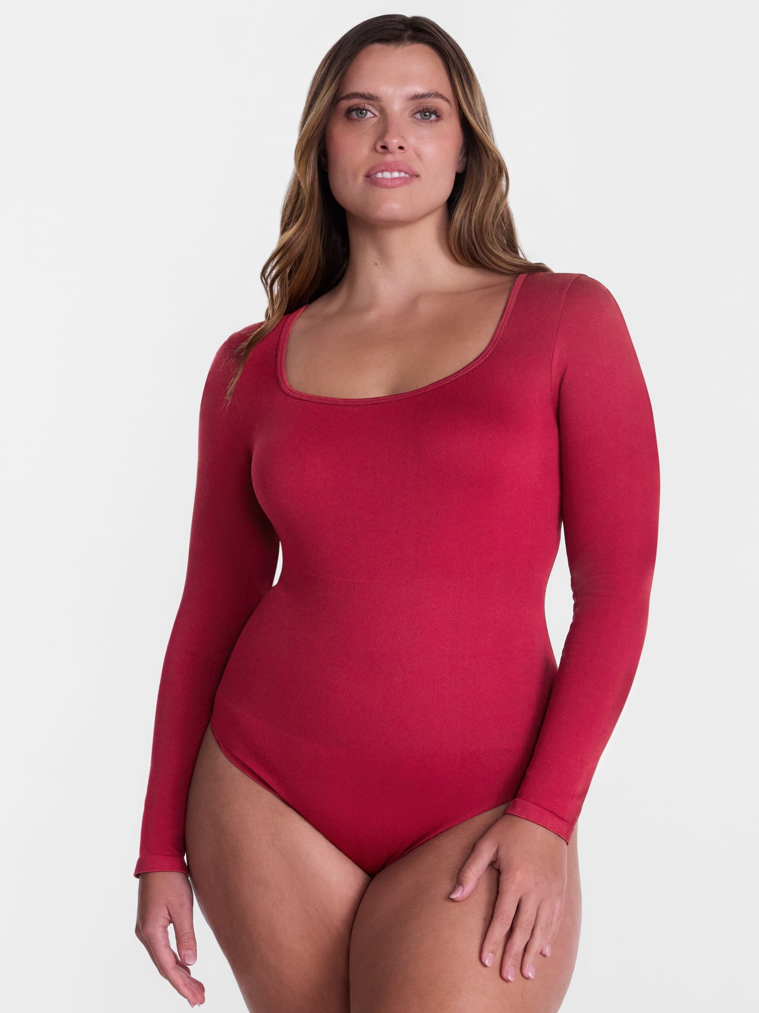 Joyspun Women's Seamless Square Neck Bodysuit with Long Sleeves, Sizes S-XXXL