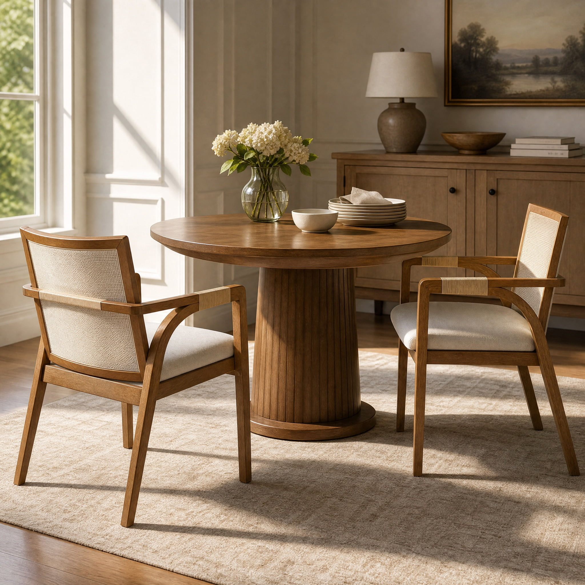 Dining Arm Chairs Set of 2, Rubber Wood Frame Dining Chairs with Textilene Back, PE Rattan Decor Armrest, Upholstered Fabric Cushion, Indoor Kitchen Dining Chairs, Walnut Frame with Beige Cushion