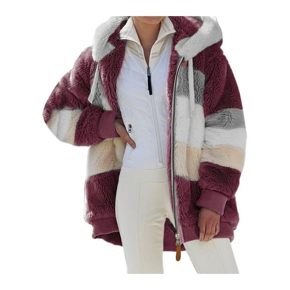 Femmes Molletonné Manteau à Capuche Hiver Chaud Cardigan en Peluche Couleur Bloc Sherpa Outwear avec Poches