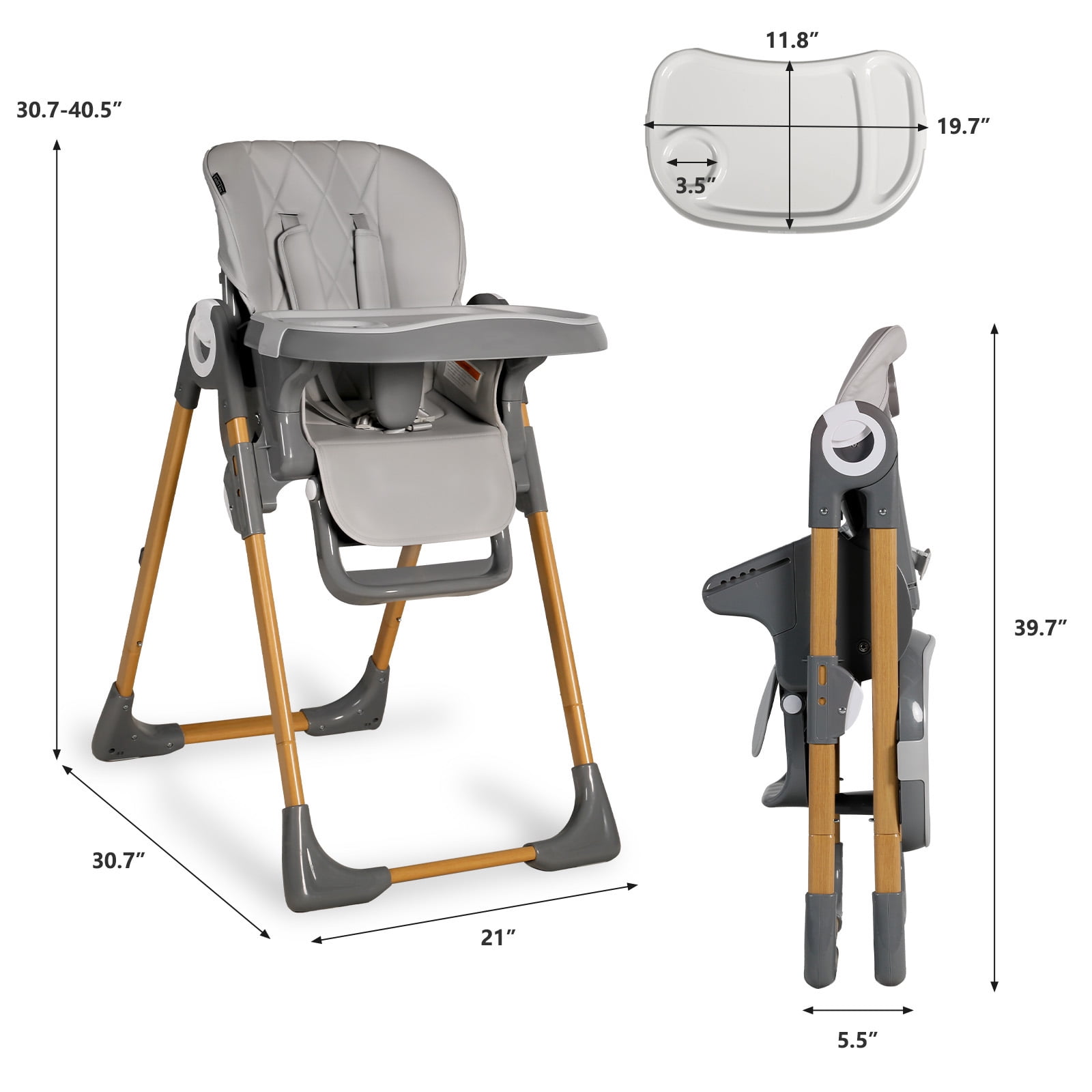 AILEEKISS Foldable High Chair – Detachable Double Trays, Grey