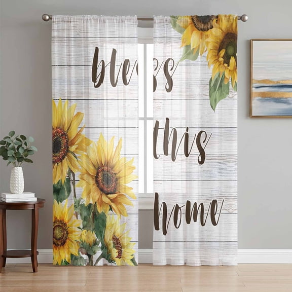 Sheer Curtains 72 Inches Long 2 Panels Set for Bedroom, Yellow Sunflowers Semi Sheer Curtains for Windows, Farmhouse Spring Botanical Floral Wooden Voile Window Treatments Rod Pocket Curtain