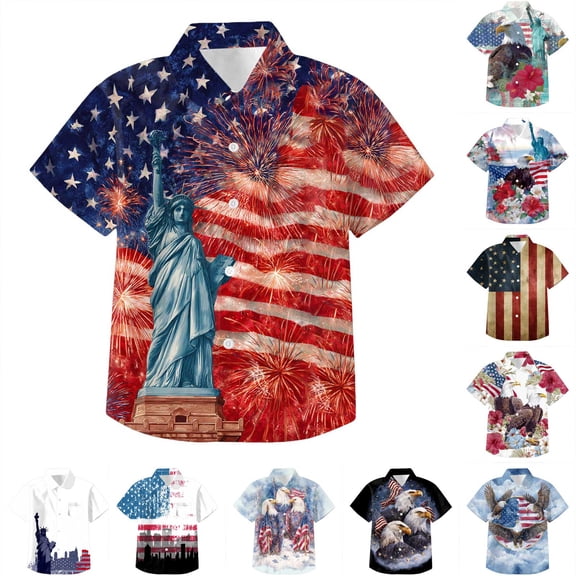 Ulanda Boys American Flag Button Down Shirt 4th of July Tshirt Kids USA Patriotic Hawaiian Summer Holiday Tee Tops (Light Blue, 13-14 Years)