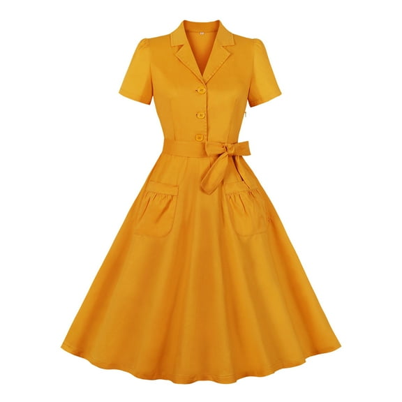 UYISJ Women's 1940s Vintage A Line Swing Dress Lapel V Neck Short Sleeve Dress Solid Color Button up Work Dress Cocktail Party Dresses Yellow S