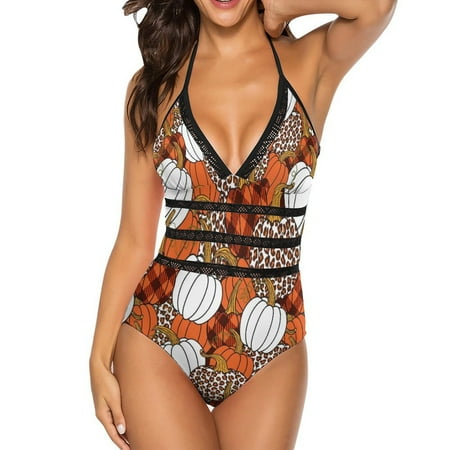 One Piece Swimsuit Women Tummy Control - V Neck Various Pumpkins Halter Swim Suits for Women 2025  Padded Full Coverage Swim Bathing Suit for Women