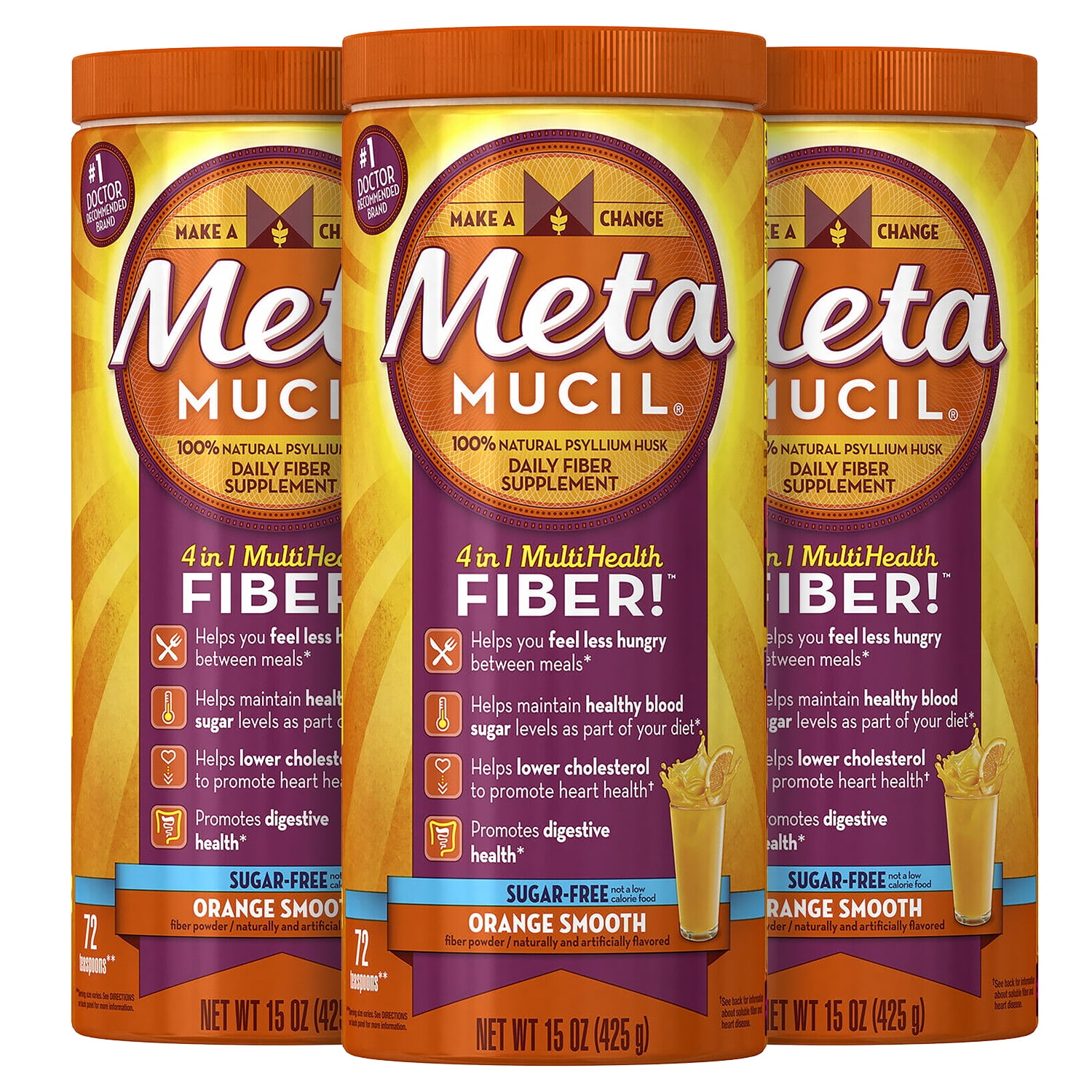 Metamucil MultiHealth Fiber Powder, Sugar Free, Orange Smooth 15 oz, 72