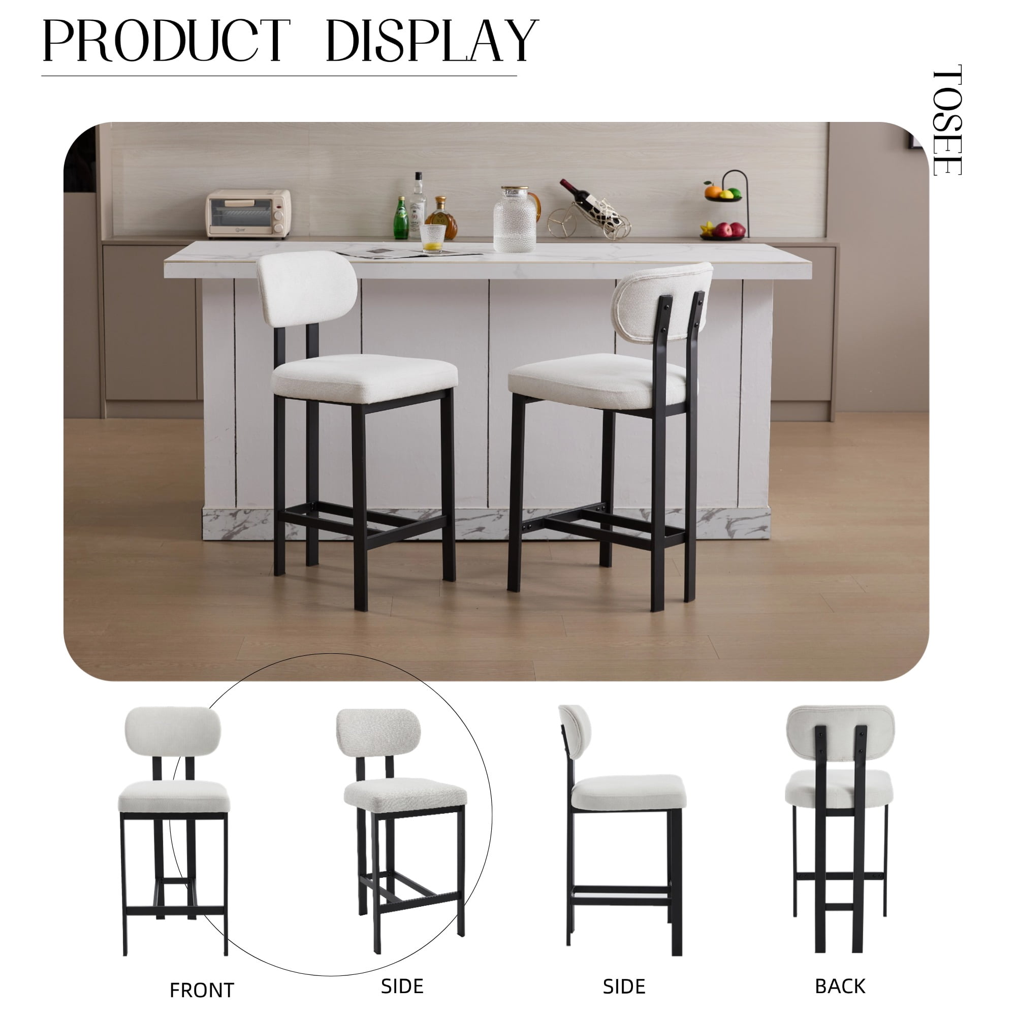 Upholstered Counter Height Bar Stools Set of 2 26 Inch with Plush Cream Fabric Cushion and Black Metal Legs for Kitchen Island