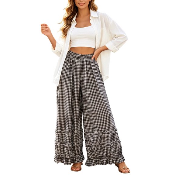 REDARER Women's Gingham Lace Palazzo Pants Elastic Waist Flowy Lightweight Summer Beach Trousers,S