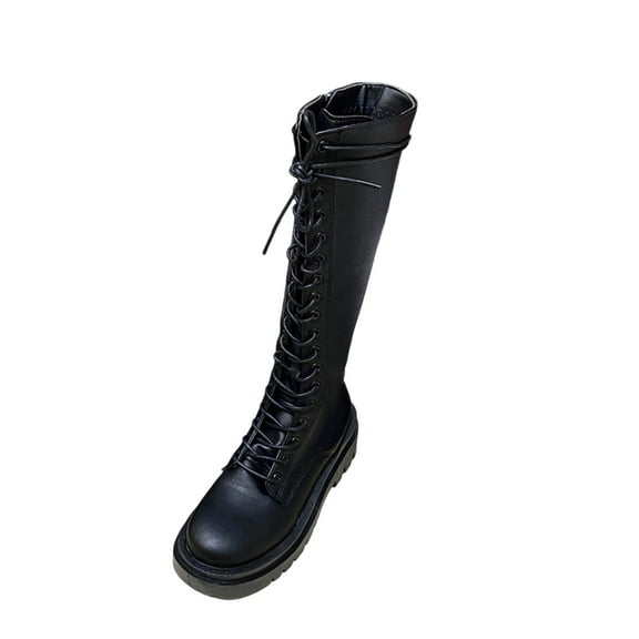 Black Ladies Long Boots With Lace Up Front Chunky Platform And Thick Heel For Winter Fashion And Outdoor Activities