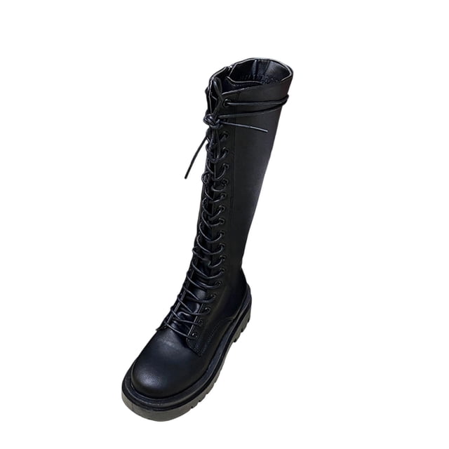 Chaussures Plates Femmes Bottes d'Hiver Décontractées Polyvalentes Hauteur Genou à Lacets