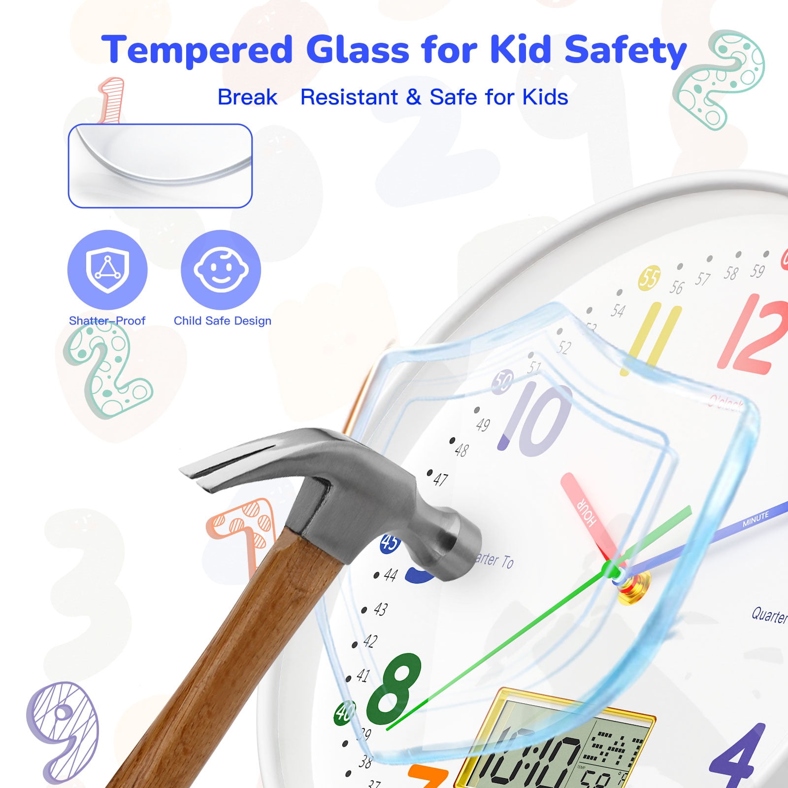 12" Silent Teaching Wall Clock with LCD Date Weekday Temperature Display – Tempered Glass, Non-Ticking Battery Operated Learning Clock for Kids Room, Classroom, Home Decor