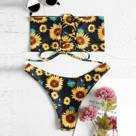 Iuhan Women Sexy Sunflower Print Swimsuit Bikini Bathing Bra Beachwear