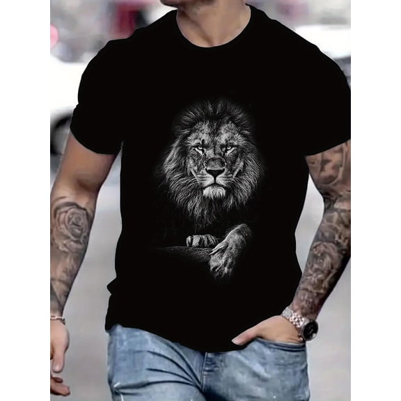 New Arrival T-shirt, Black and White Style Lion Printed, Majesty, Casual Versatile, Casual Versatile, Comfortable and Breathable, Round Neck, Hot Selling Top Tee, Men'S Black Short-Sleeve T-Shirt