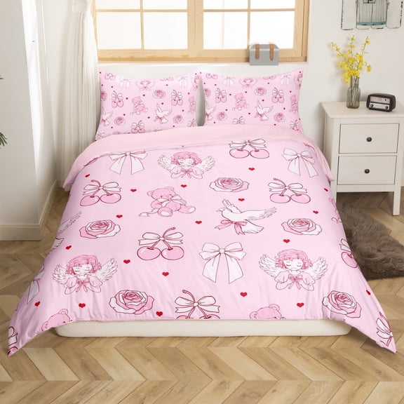 Erosebridal Bowknot Cherry Comforter Cover Twin,Bear Flower Bedding Twin Size,Love Heart Duvet Cover Twin,Ultra Soft Cartoon Bedroom Decorative(No Comforter),Reversible,3pcs