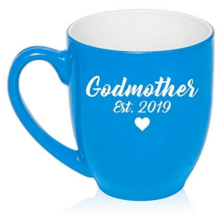Pewter Christening Cup - 16 oz Large Bistro Mug Ceramic Coffee Tea Glass Cup Godmother Est 2019 Christening Baptism (Light Blue)