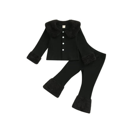 

wybzd Toddler Baby Girls Knitted Tracksuits Lapel Button Long Sleeve Jacket Stretch Pants Plush Outwear Set Black 3-4 Years
