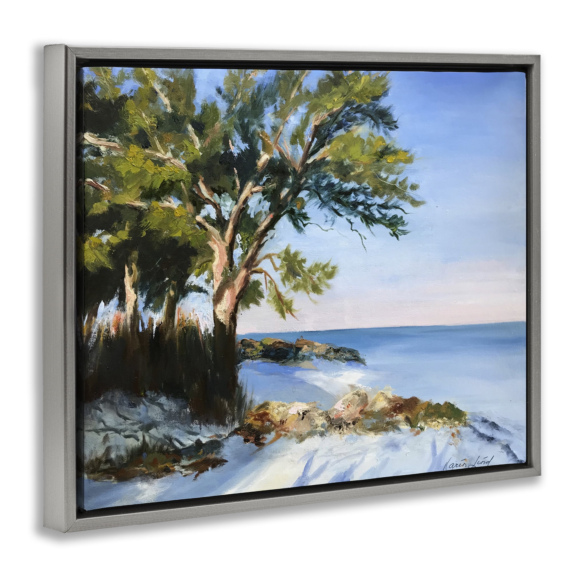 Stupell Industries White Sand Beach Landscape Painting Gray Floater Framed Canvas Art Print Wall Art, 31 x 25