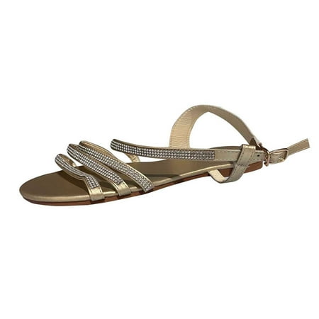 CHOII 50% Clearance Women Fashion Flat Large Size Casual Sandals Beach Shoes Women Sandals Rhinestone Buckle Sandals with Fish Lip Soles Ankle Strap Sandals Comfort Sandals Gold/5.5
