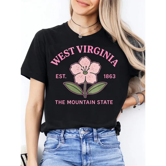 Charming West Virginia Mountain State Floral Graphic T-Shirt, Est. 1863 Vintage Inspired State Pride Tee for Women, Scenic Travel Souvenir Apparel
