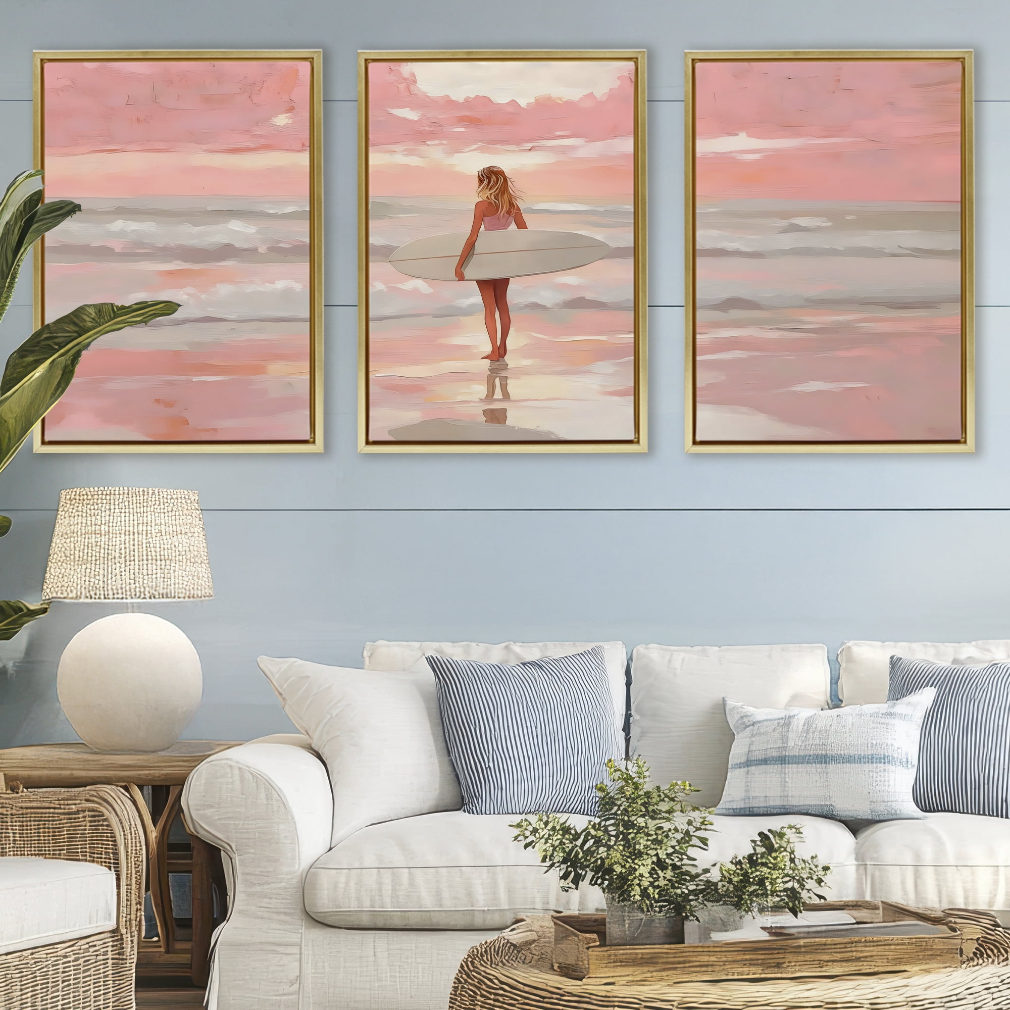 Stupell Industries Pink Sky Surfer Sunrise 3 Piece Gold Framed Floater Canvas Set, design by LSR Design Studio