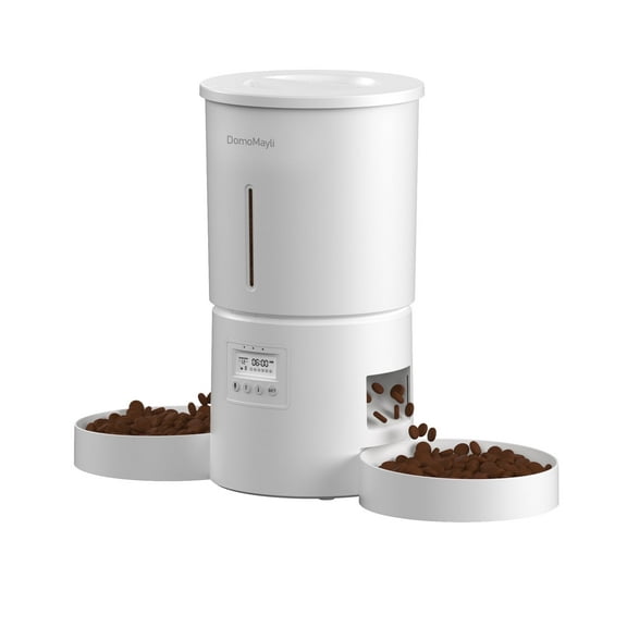 DomoMayli Dual Automatic Cat Feeder for Two,6 x 12 Portions/Day, Dual Power, Flexible Schedule, Double Bowls,10S Voice Record