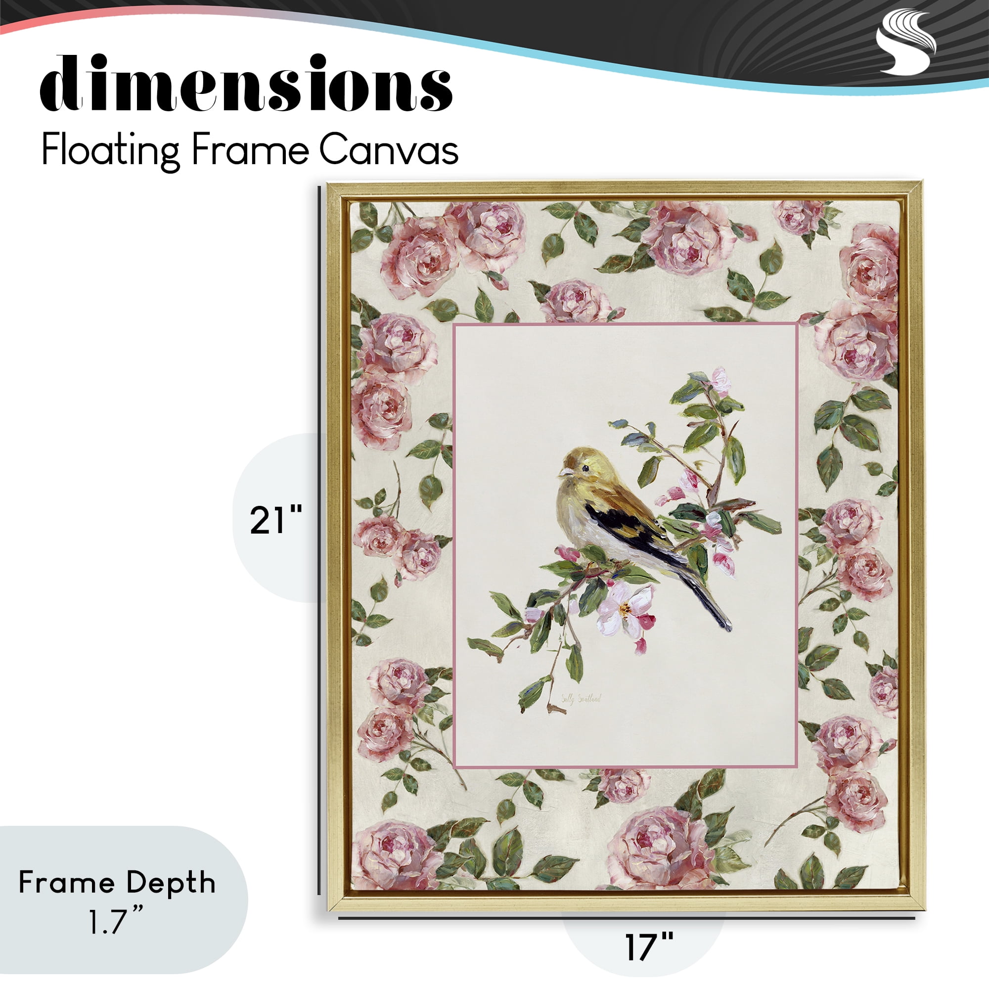 Stupell Industries Perched Bird with Dainty Roses Gold Framed Floater Canvas Wall Art, design by Sally Swatland