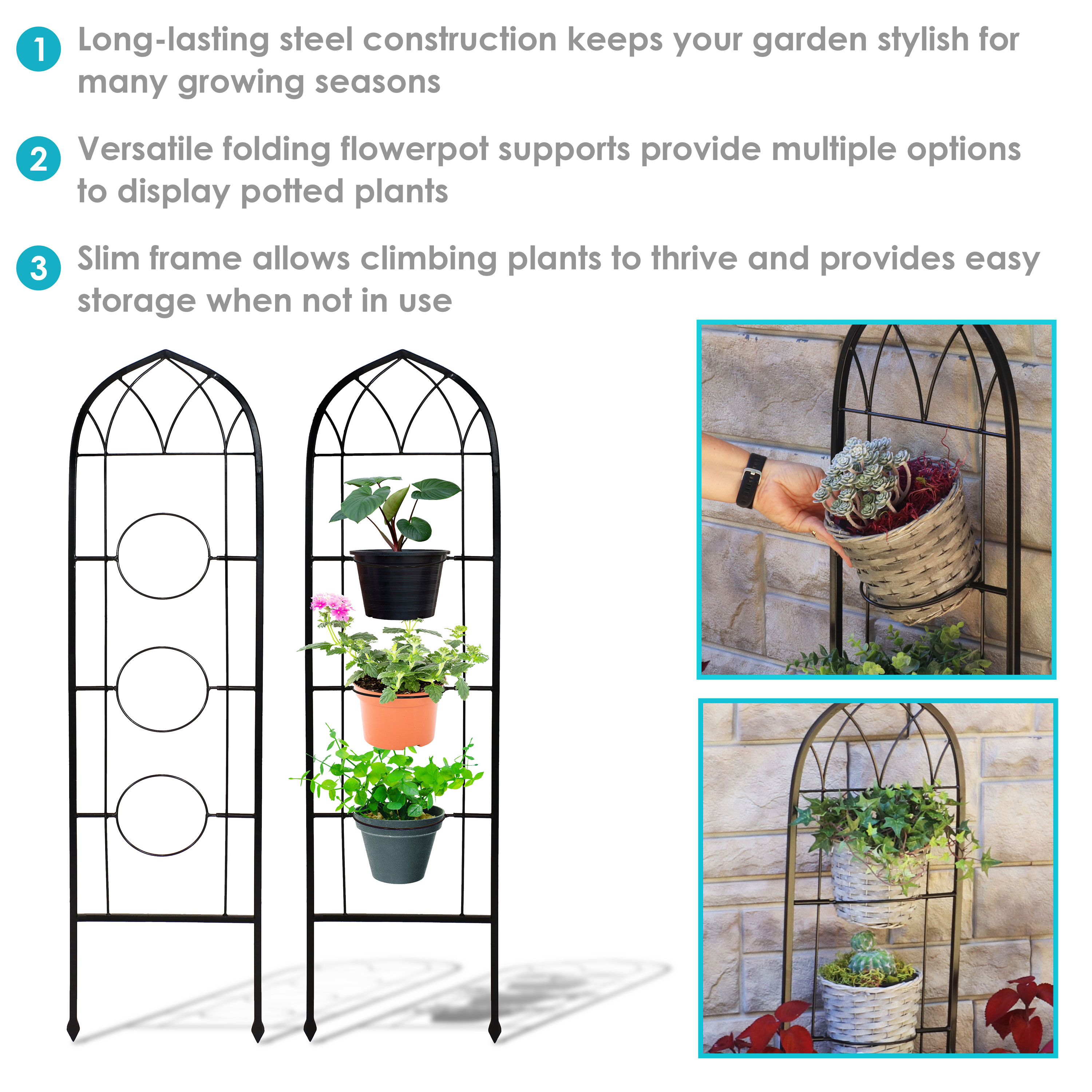 Sunnydaze 2-Piece Arched Garden Trellis with Folding Flowerpot Supports ...