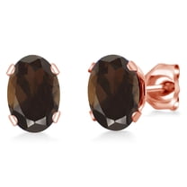 Gem Stone King 1.50 Ct Oval 7x5mm Brown Smoky Quartz Brass Rose Gold Plated Brass Stud Earrings for Women Men