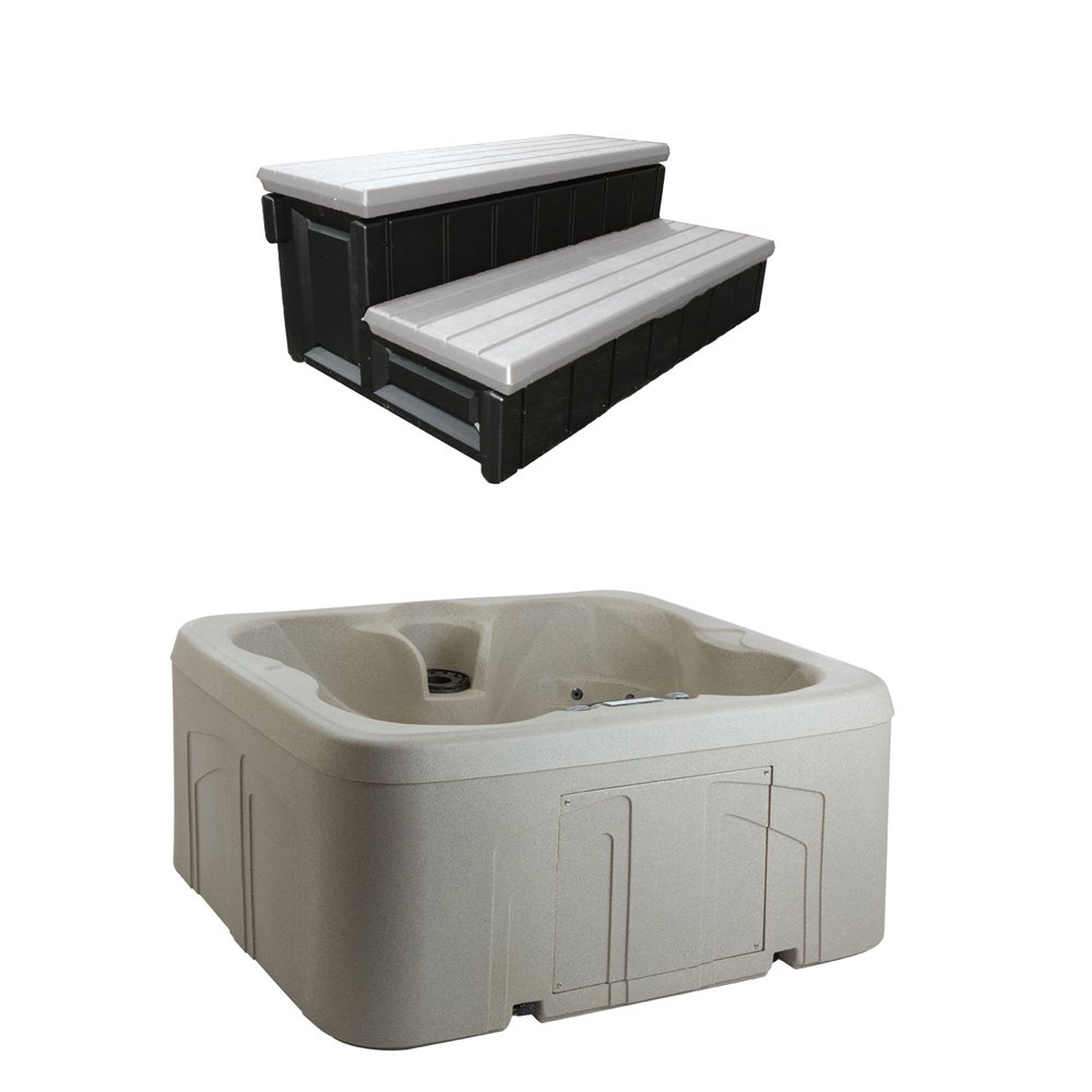 LifeSmart 4 Person Square Hot Tub Spa w/ 36 Inch Hot Tub Storage Steps