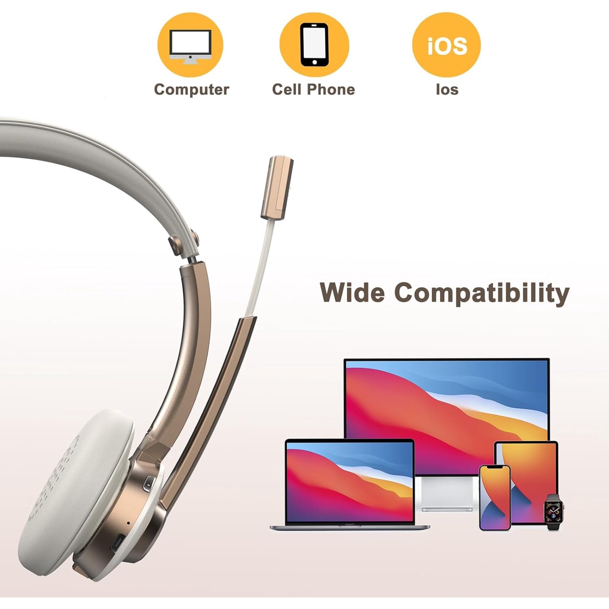 MUSICOZY Bluetooth Headset with Microphone, Wireless Headphones with Noise Cancelling Mic, 26hrs talktime, On Ear Headphones with Mic Mute for Mac/Laptop/Zoom/Teams/Call Center/Office/Home Gold