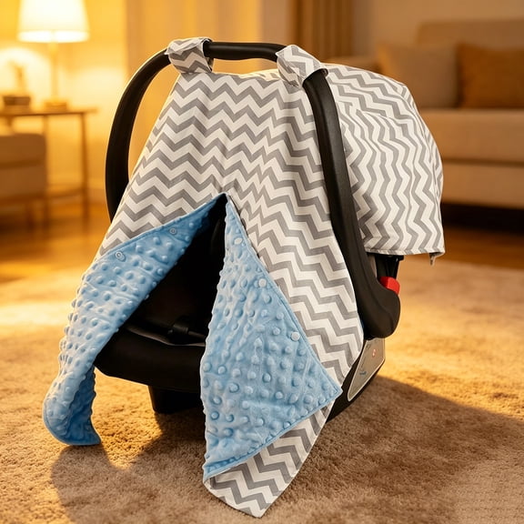 Gray Chevron Print Minky Dot Carrier Canopy Cover, Double Layer Soft Breathable Windproof UV Block Privacy Shield for Vehicle Car Seat Carrier