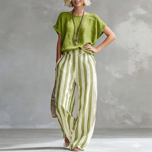 Morttic Women's Elegant Summer Two-Piece Set: Crew Neck Solid Batwing Sleeve Top & High-Waist Striped Floor-Length Wide-Leg Pants Green,XL