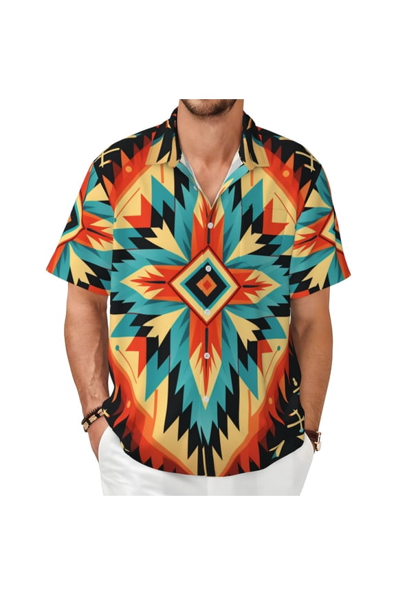 Men Short Sleeve Button Down Shirts Summer Beach Hawaiian Tops , Aztec Baja Southwest Native Western Art