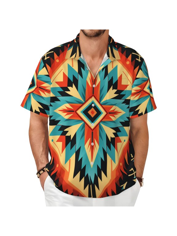 Men Short Sleeve Button Down Shirts Summer Beach Hawaiian Tops , Aztec Baja Southwest Native Western Art