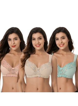 Curve Muse Plus Size Minimizer Unlined Wireless Bra with Lace  Embroidery-3Pack-Navy,Yellow,Black-34B at  Women's Clothing store