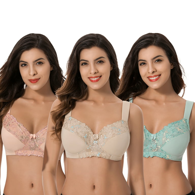 Curve Muse Plus Size Minimizer Unlined Wireless Bra with Lace  Embroidery-3Pack-SAGE,NUDE,BLUSH-48DD 