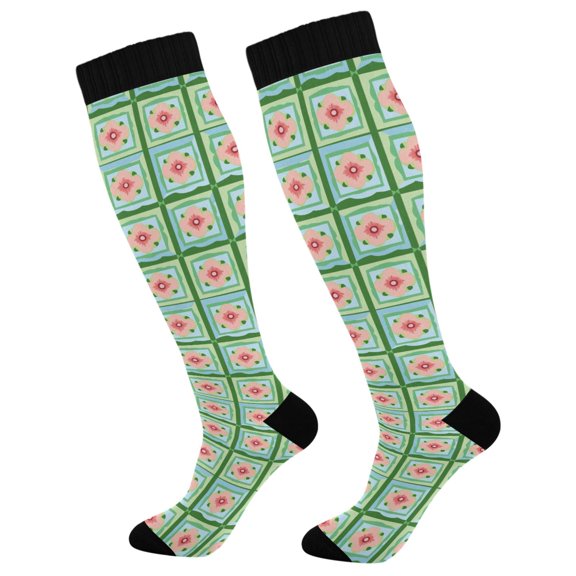 FORMRS Womens Knee High Socks Casual Long Thick Travel Daily Wear, 1 Pair, Green Blossom Mosaic
