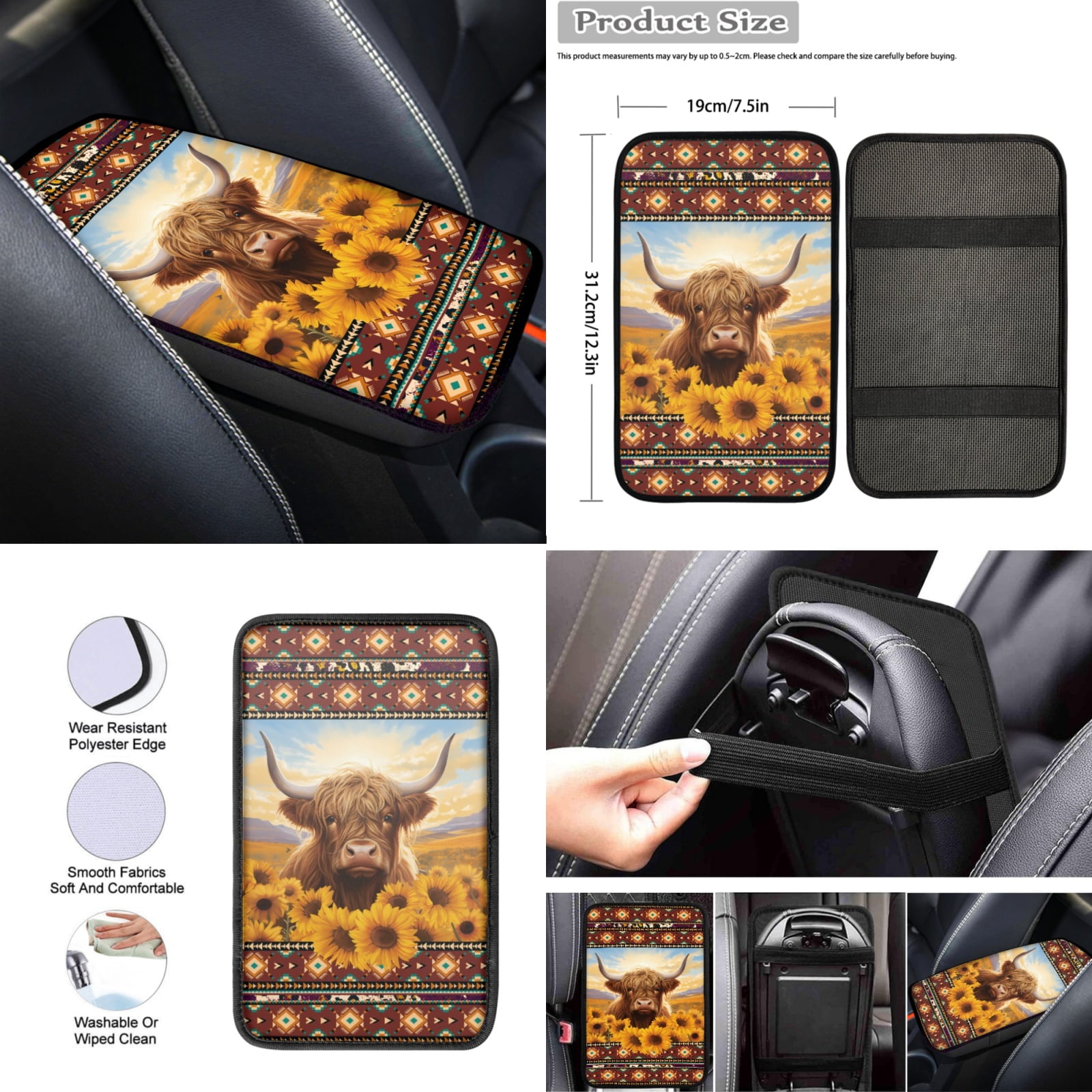 Renewold American Tribal Highland Cow Sunflower Car Seat Covers for Women with Steering Wheel Cover Seat Belt Pad Armrest Pad Handbrake Cover Gear Shift Cover Washable Cup Coaster Holder Seat Cover